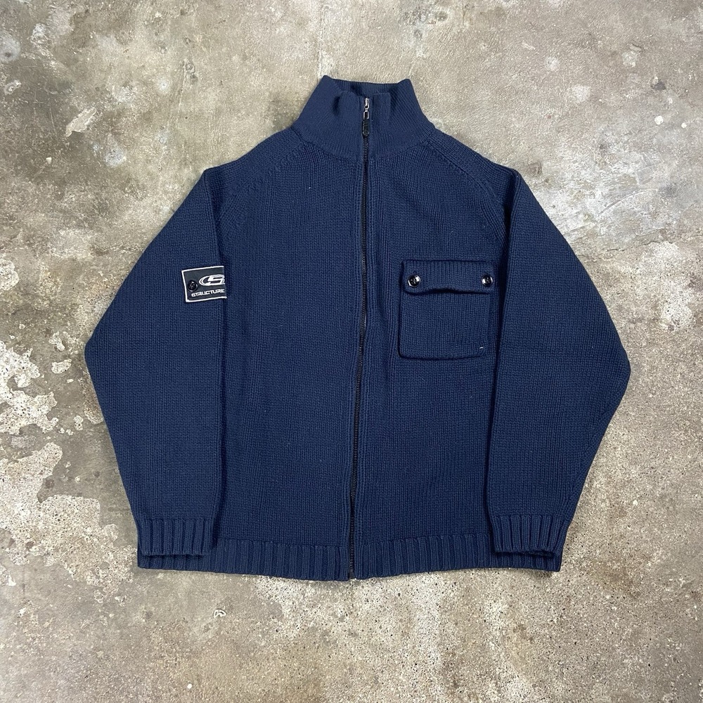 Vintage 90s Structure Sport Sweater Size Large Blue Knit Mock Neck Full Zip